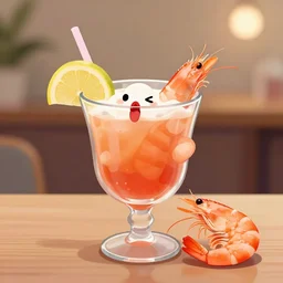 a cute, anthropomorphic shrimp cocktail pouting becasue it remains uneaten. satire, digital art