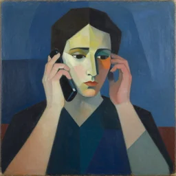 A painting of person talking on the phone, abstract painting in the style of Sophie Taeuber-Arp and Gary Hume and Tatsuro Kiuchi, flat colour-block style, geometric abstraction, deep colours