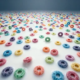 a vast ocean full of vitamin d milk. in the ocean of milk colorful fruit loops bob up and down lazily. just keep swimming. octane 3 d, ue 5, 4 k, award winning, dramatic lighting, subsurface scatter, digital art.