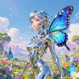ultra detailed illustration of a butterfly anime girl made out of liquid chrome, melting face, lost in a dreamy fairy landscape,  by , Karol Bak, colorfull, vivid colors, 8k, anime vibes, octane render, uplifting, magical composition,  artstation