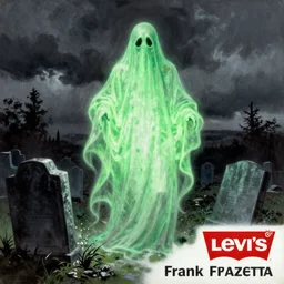 ultra realistic portrait painting of a glowing green ghost in a cemetery, art by frank frazetta, vintage levi ’ s ad, stormy weather, dark vibes, 4 k, ultra realistic, highly detailed, epic lighting