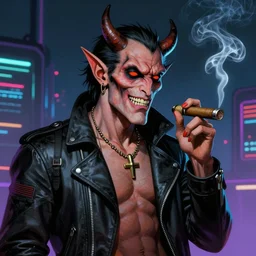 An anthropomorphic demon smoking a cigar in a cyberpunk setting, by Frank Frazetta, 1980s synthwave color palette, Trending on Artstation, highly detailed,