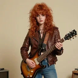 19-year-old girl, thick red shaggy hair, wearing leather jacket and denim jeans, holding electric guitar, stoner rock, proto-metal, super 8mm, 1973