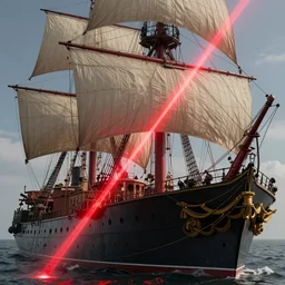 a red bend laser exploding from deck of an old warship with sails, unreal engine, octane render, style of midjourney, highly detailed, elegant, digital illustration, detailed, intricate, sharp focus, digital painting, deep focus, artstation, art by artgerm and greg rutkowski