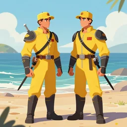 fantasy character illustration of two twin guards wearing yellow, looking at each other, standing on a beach shore, trending on artstation, digital art ( by jesper ejsing ) ( by clint cearley ) ( by raluca marinescu )