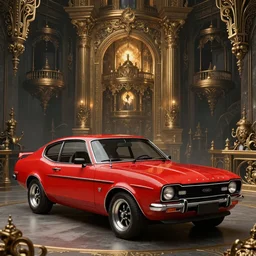 red 70s Ford Capri, in style of Dark Souls 3, insanely detailed and intricate, golden ratio, elegant, ornate, luxury, elite, ominous, haunting, matte painting, cinematic, cgsociety, James jean, Brian froud, ross tran, Laputa, vivid and vibrant