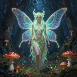 stunningly beautiful female faerie priestess in amanita muscaria forest landscape, symmetrical wings on back, neon hair, fantasy art, dark light night, sharp focus, digital painting, 4 k, concept art, art by wlop, greg rutkowski and alphonse mucha, brom, face by otto schmidt