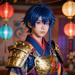colorful and Festive Captivating teenager boy with straight indigo japanese hair, purple eyes, red eye markers, wearing a japanese kimono with golden armor pieces. rich vivid colors, ambient lighting, dynamic lighting, 4k, atmospheric lighting, painted, intricate, highly detailed by Charlie Bowater