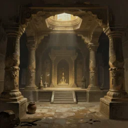 “Ancient underground temple in dim lighting, concept art, digital painting by Shaddy Safadi”