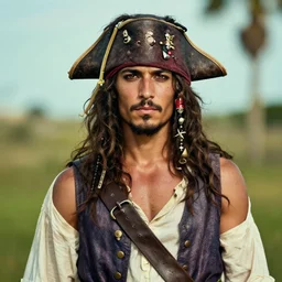 an award winning outdoors portrait photo of a silky hair tanned greek smug 1 7 0 0 s dirty caribbean italian olive tanned young pirate woman with black silk hair, slightly big nose defined jaw, very beautiful, smug face, blue eyes, wearing a vest and short coat, sunset, movie color graded