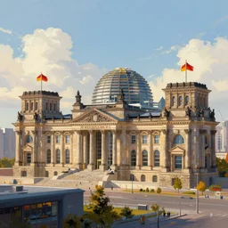 reichstag Germany, futuristic digital painting, concept art, skyline in back, in the style of Ralph Mcquarrie, warm lighting, trending on artstation, high detail, sci fi, bright colours, vivid colours
