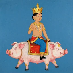 boy with gold crown riding pig in style of Gond Paintings