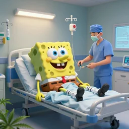 Spongebob Squarepants in Toy Story 2, at the hospital in patient gown, scrubs, syringes, Intravenous Cannulation Periprocedural Care, marijuana greenery, trending on cgsociety and unreal engine, light effect, highly detailed, super wide angle, digital art