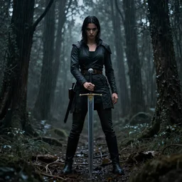 matte painting of a sword woman standing menacingly in a forest staring blankly, raining, dark colour, concept art, cinematic