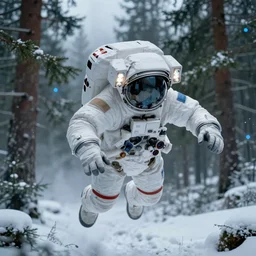 close - up shot of flying body of space astronaut in weightlessness inside siberian snow forest, big green pines, small foggy and gloomy, blue lights, bokeh background, highly detailed science fiction illustration by jeremy geddes. photorealistic, octane render, hyper detailed, 8 k, movie still, artstation, unreal engine