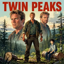 Twin Peaks poster artwork by Michael Whelan and Tomer Hanuka, Rendering of Joe Rogan is a lumberjack in Twin Peaks, full of details, by Makoto Shinkai and thomas kinkade, Matte painting, trending on artstation and unreal engine