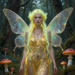 portrait, stunningly beautiful female faerie priestess in amanita muscaria forest landscape, symmetrical wings on back, neon hair, wearing a dress of gossamer gold, dozens of necklaces, inner glow, illustration, dramatic lighting, soft details, painting, art nouveau, octane render, 8 k, hd, by edmund blair leighton, brom, charlie bowater, faces by otto schmidt