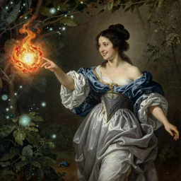 female portrait, smiling hapa sorceress chasing will-o-wisps casting a fireball in a garden, detailed painting by Anthony Van Dyck