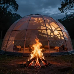 a campfire inside of a large dome