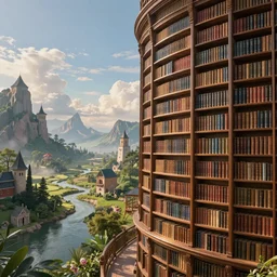 a beautiful surreal and photo-realistic library located at the right of a beautiful enchanted landscape