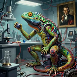 a lizardman in symbiosis with technology, wires, in a laboratory, dorohedoro vibes, in the style of beksinski, parts by edward hopper, parts by michael sowa, parts by yue minjun, intricate composition, by caravaggio, highly quality, colorful ， highly detailed, masterpiece, light, artstation, 4 k
