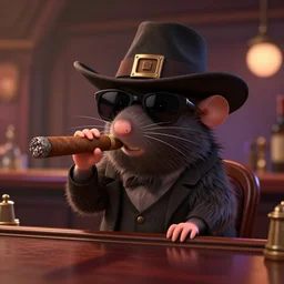 a still of an anthropomorphic gangster rat, wearing sunglasses and a mafia-style hat, holding a large cigar, long fur, sitting at a bar in a Disney Pixar movie, 35mm f2.8, 4k, artstation, PBR materials, Pixar renderman render
