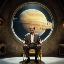 salvador dali as emperor of universe sits on gold chair in front of huge central porthole in which planet arrakis is visible | still frame from the movie by alejandro jodorowsky with cinematogrophy of christopher doyle and art direction by hans giger, anamorphic lens, kodakchrome, 8 k