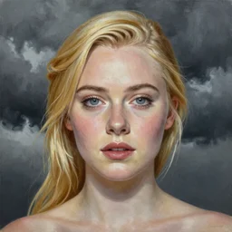 professional painting of Elle Fanning in the style of Rob Gonsalves, head and shoulders portrait, symmetrical facial features, smooth, sharp focus, illustration, intricate, stormy weather, extremely detailed masterpiece,