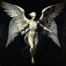 anatomy of an alien angel in space, with abstract wings and arms outstretched. pulp sci - fi art for omni magazine. high contrast. baroque period, oil on canvas. renaissance masterpiece. trending on artstation. retrofuturism.