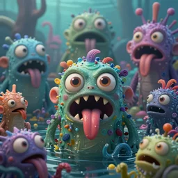 intricate colourful murky!!! with strange cute friendly angry crazy creatures with huge beauty eyes long tongue triangle teeth and scary face appearing from the water, in the style of craola, shallow depth of field, highly detailed, digital painting, trending artstation, concept art, illustration, cinematic lighting, vibrant colors, photorealism, epic, octane render