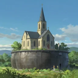 a church built on top of a tank. in an open field. key visual, conceptart, ambient lighting, highly detailed, digital painting, artstation, concept art, sharp focus, by makoto shinkai and akihiko yoshida and greg manchess