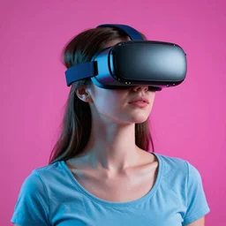 realistic picture of female wearing virtual reality device cyan magenta background