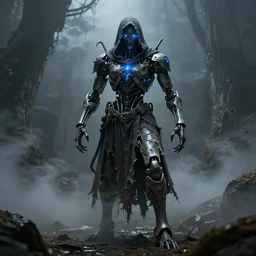 character and environment design, ( ( biomechanical ) ) arcanist, tattered!!! robe and hood, blue light, fog, scary, arrogant, hostile, photorealistic, cinematic, hyper realistic, octane render, 8 k, wide angle