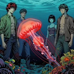 a glowing red spray in the sea caught by a jellyfish by josan gonzalez and dan mumford and albrecht anker and miho hirano and ross tran and chiho aoshima, highly detailed, high contrast, pop art, comic shading, intricate details, blended color palette