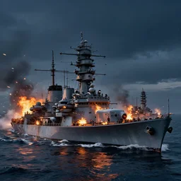 a naval battle far away with battleships and torpedoes in the night with fire and bullet tracers flying and black smoke, octane render, hyper-realistic, 8k, 4k, insanely detailed intricate, high detail, high definition, photorealistic