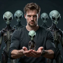 bob lazar holding element 1 1 5 with alien, realistic artstyle, wide shot, dramatic lighting, octane render, hyperrealistic, high quality, highly detailed, hd, beautiful, cinematic, 8 k, unreal engine, facial accuracy, symmetrical