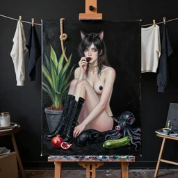 realistic painting of a black painted canvas, on an easel in a dark artist's studio with black walls, tall emo catgirl eating blackberries, hemp rope, bromeliad, paint, clothes hanging on a clothesline to dry, high black boots, pomegranate, a black pig, courgette, black octopus, sensual, acrylic and oilstick on canvas