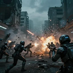 vfx film closeup, blade runner 2 0 4 9 futuristic soldiers shoot at enemy robots futuristic war, battlefield, war zone, shootout, dilapidated city ruins, running, shooting, explosion, battlefront, leaping, flat color profile low - key lighting award winning photography arri alexa cinematography, big crowd, hyper real photorealistic cinematic beautiful, atmospheric cool colorgrade