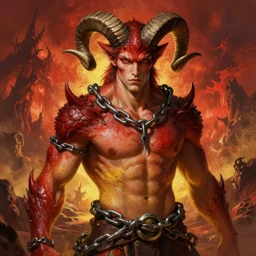 portrait of a beautiful young fit male demon with ram horns, scaly body, covered in chains and hooks, hellish scene, by greg rutkowski and alphonse mucha, d & d character, gradient red to yellow, in front of an hellish landscape background, highly detailed portrait, digital painting, artstation, concept art, smooth, sharp focus ilustration, artstation hq