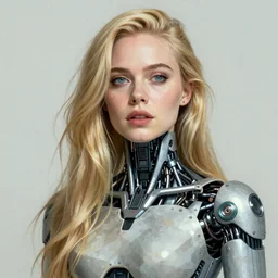 a striking hyper real illustration of Elle Fanning with cybernetics by H.R. Giger