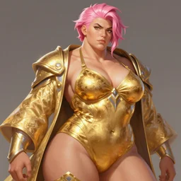 painted realist portrait of thick rugged roided sensual zarya from overwatch wearing swimsuit gold paint by ruan jia greg rutkowski, [ short pink hair ] clear face majestic muscular physique beautiful powerful handsome robe fantasy intricate elegant detailed digital painting concept art artstation sharp focus illustration