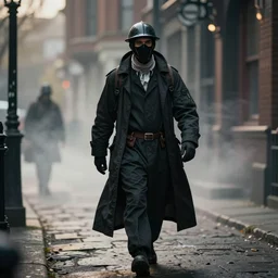 a photography of man wearing plague doctor clothes walks through a Victorian city, trending in artstation, photo-realistic, dramatic light, bokeh effect, volumetric fog, detailed