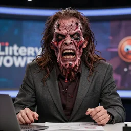 a melt-faced mainstream show presenter revealing his true monster visage, ultra-realistic, weird horror art, 16K 3D, crying engine