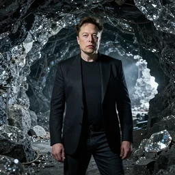 a dramatic scene of elon musk in a diamond mine in the style of walter molino