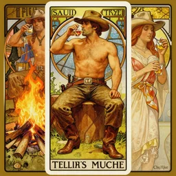 a beautiful symmetrical tarot painting of a handsome shirtless cowboy with a chunky build wearing a cowboy hat and boots drinking a whisky with a warm campfire, homoerotic, art deco!!, art nouveau!, by Alphonse Mucha, trending on artstation