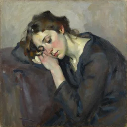 Oil painting Portrait of a sad Woman resting, by Lucian Freud, Abstract brush strokes, Masterpiece