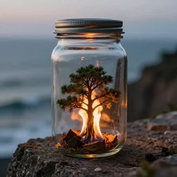 glass jar with a miniature tree burning inside, standing on a cliff, bokeh, ocean in the background, metal lid, dramatic lighting, hyperrealistic, volumentric lighting, highly detailed