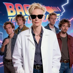 formal portrait of tilda swinton as doc brown from back to the future. lightning background, wearing white coat and wraparound sunglasses. digital art by eugene de blaas, ross tran, and nasreddine dinet, vibrant color scheme, intricately detailed, in the style of romanticism, cinematic, lighting background, artstation, greg rutkowski