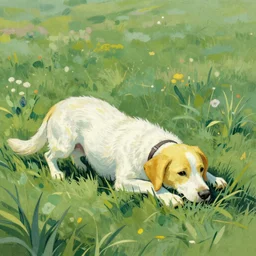 A white and yellow dog was rolling in the field,In the style of Van Gogh.