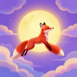 a illustration red fox jump to the sun, surrounded by colorful clouds, divine, peaceful, elegant, tones of purple, by neofluid -